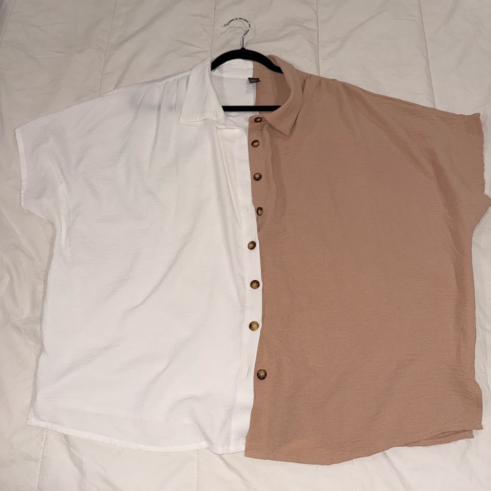 SHEIN Casual White and Tan Button Down Shirt